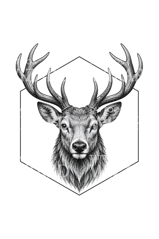 Tatouage de cerf pointilliste aux bois brisant un hexagone