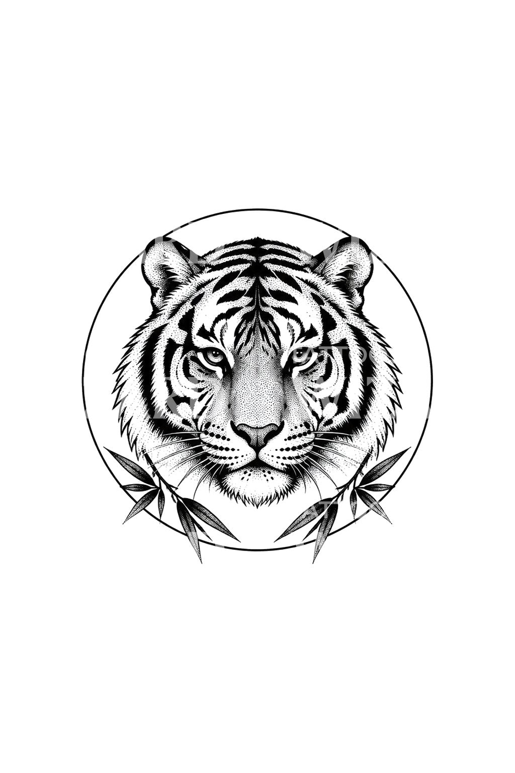Design per tatuaggio con testa di tigre puntinata in un cerchio di bambù