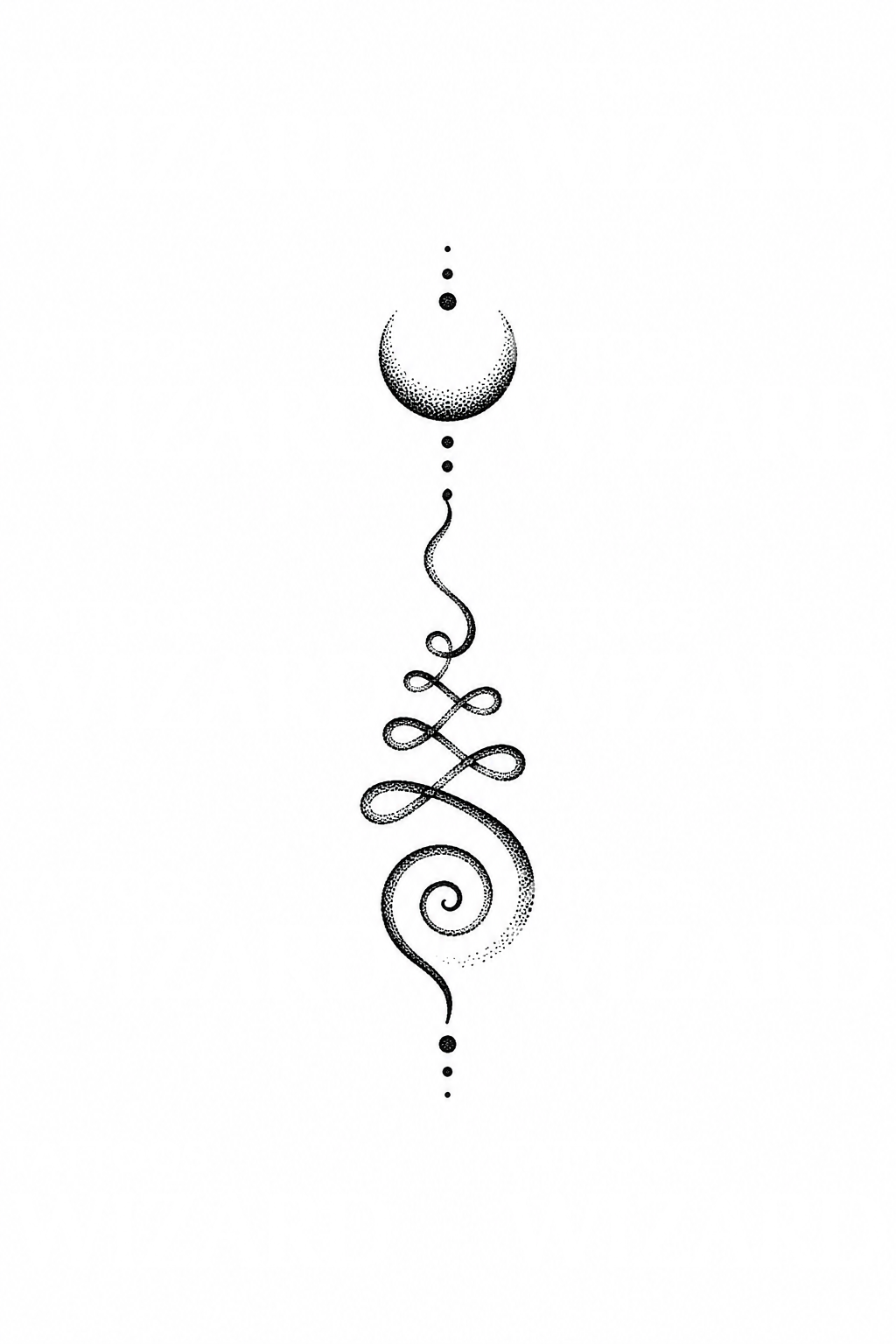Idée de tatouage unalome pointillé avec croissant de lune