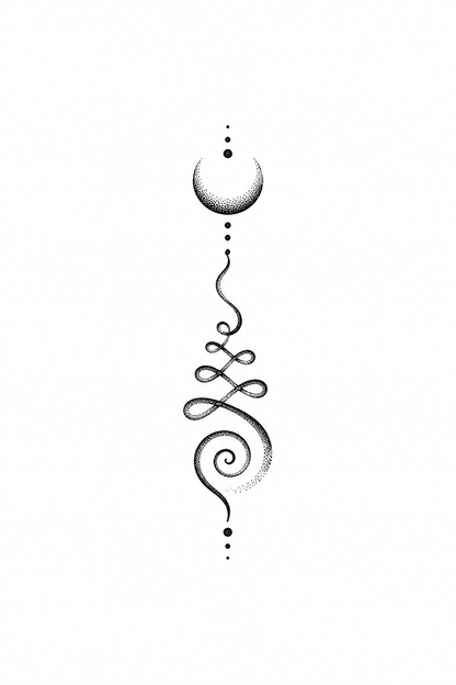 Idée de tatouage unalome pointillé avec croissant de lune