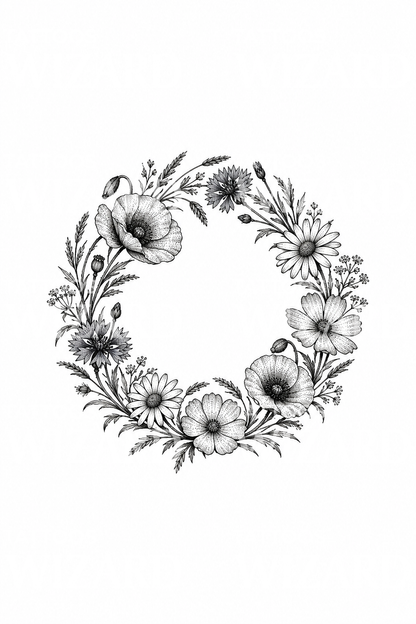 Stippled Wildflower Wreath Tattoo Design