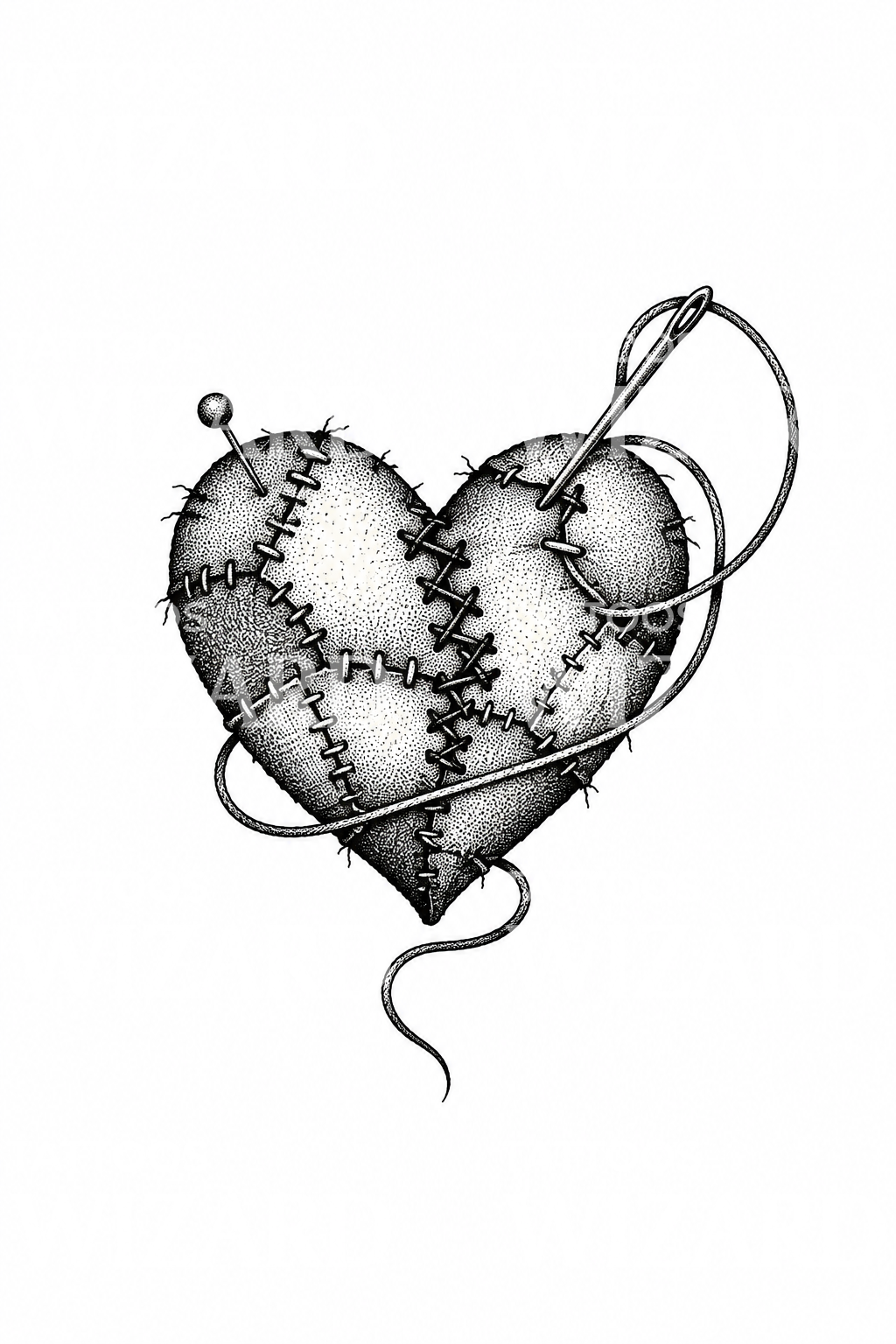 Tattoo-ontwerp van een gestikt patchworkhart en naald