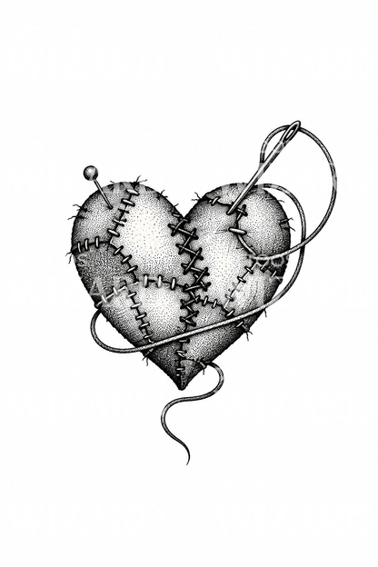 Tattoo-ontwerp van een gestikt patchworkhart en naald