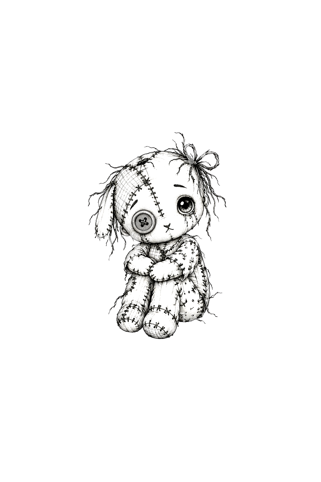 Stitched Patchwork Ragdoll Creature Fine Line Tattoo