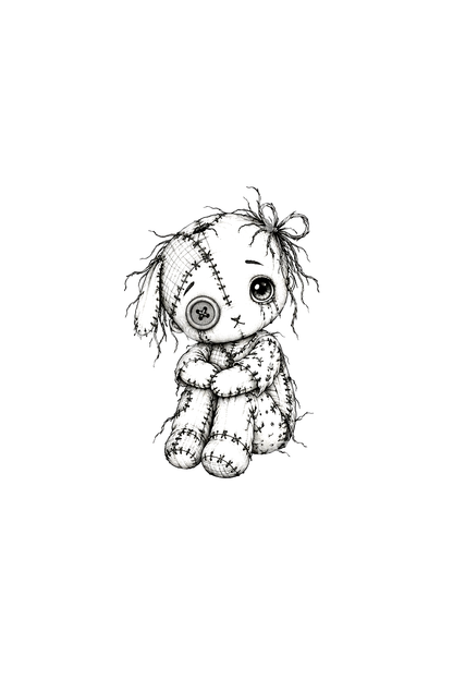 Stitched Patchwork Ragdoll Creature Fine Line Tattoo