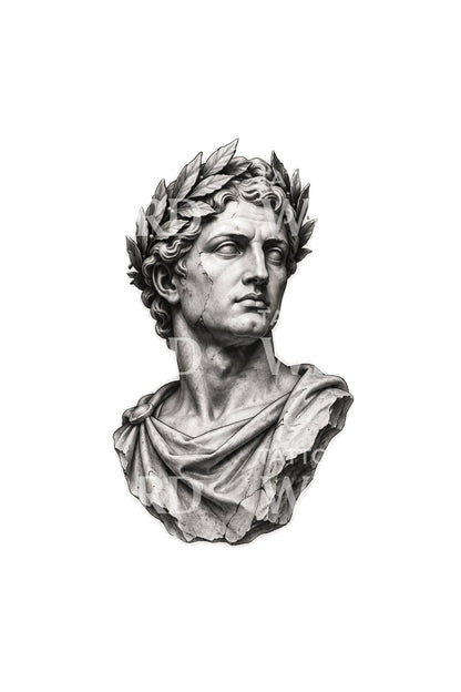 Diseño de tatuaje de busto de estatua al estilo del estoico César