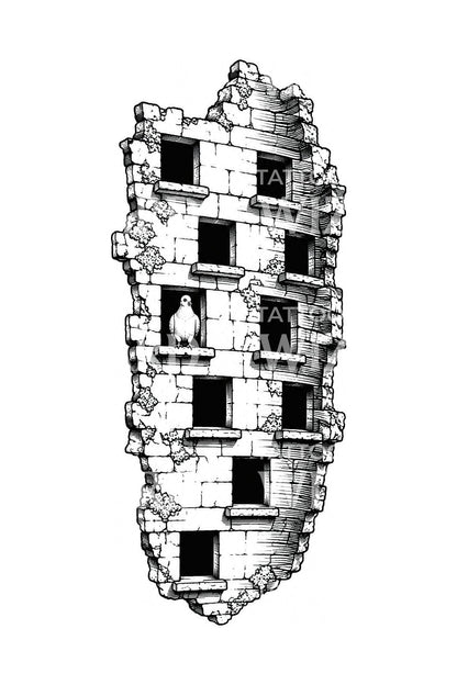 Diseño de tatuaje de palomar de piedra con paloma