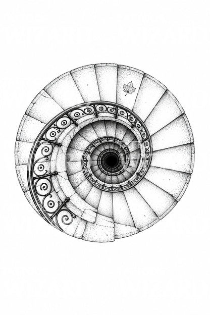 Ilustrasi tato tangga spiral batu menurun