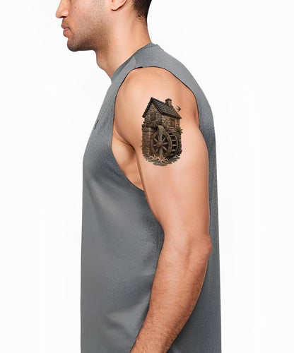 Old Stone Watermill Wheel Tattoo Design