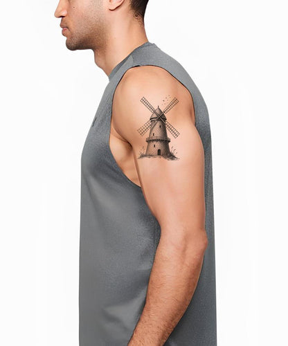 Ilustración de tatuaje de un viejo molino de viento de piedra