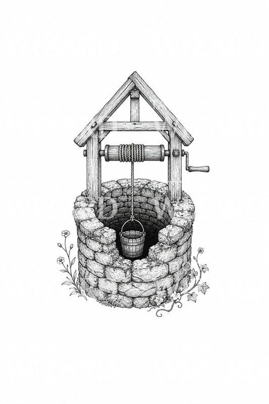 Illustrazione per tatuaggio di un pozzo dei desideri in pietra