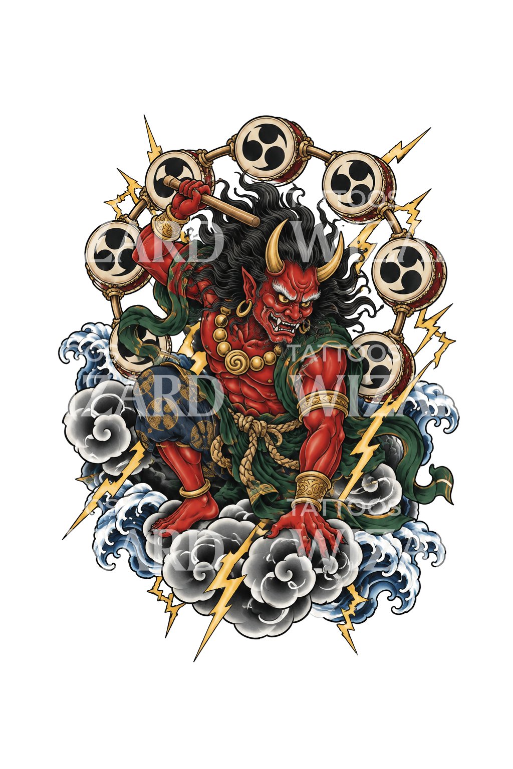 云端擂鼓雷神纹身插画
