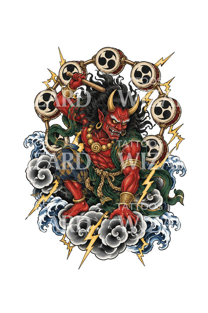 云端擂鼓雷神纹身插画