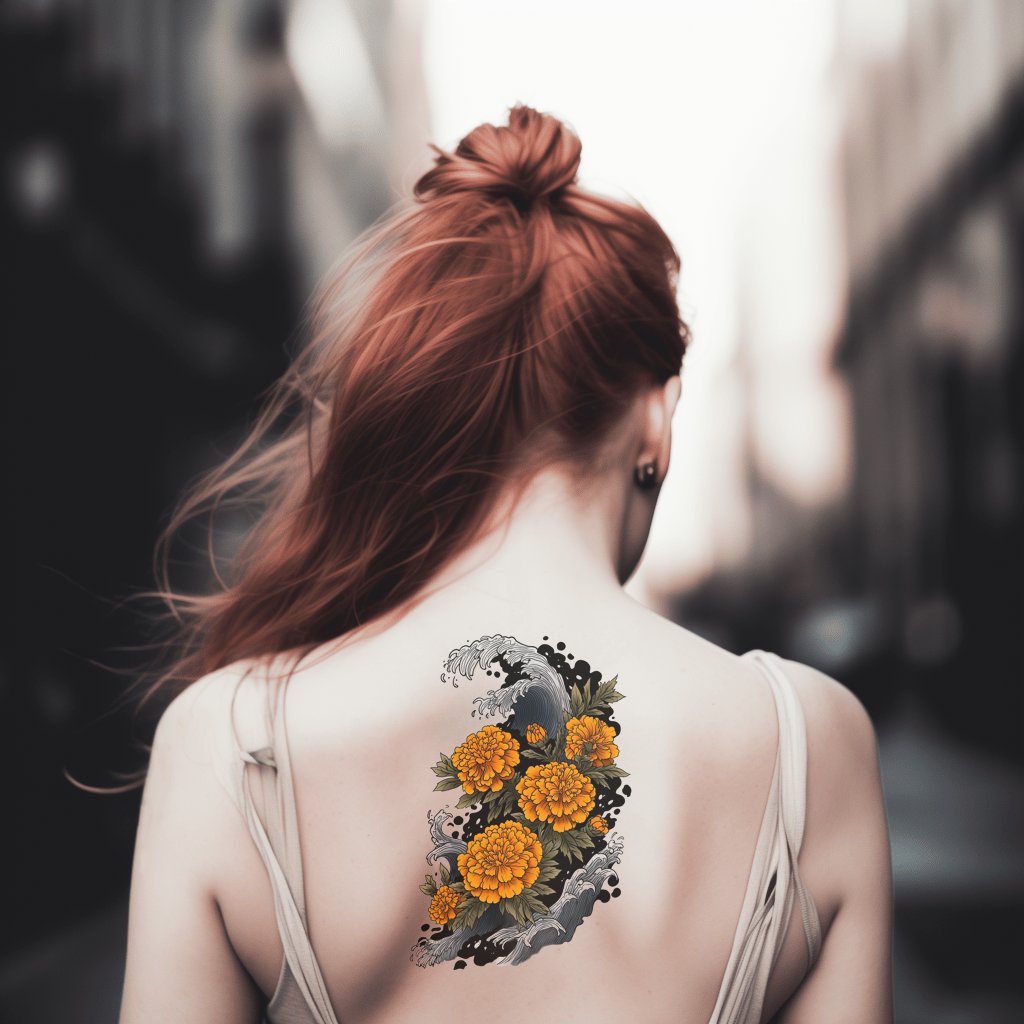 Storm Wave Marigold Tattoo Design