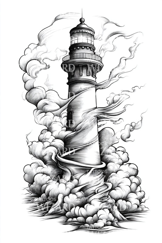Desain Tato Mercusuar yang Dibungkus Badai