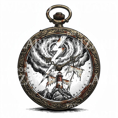 Stormachtige Vuurtoren Zakhorloge Tattoo-Ontwerp