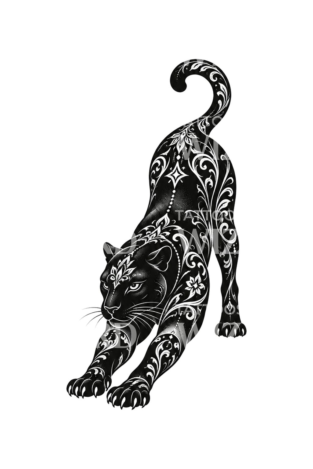 Ornamentales Tattoo-Design eines sich streckenden schwarzen Panthers