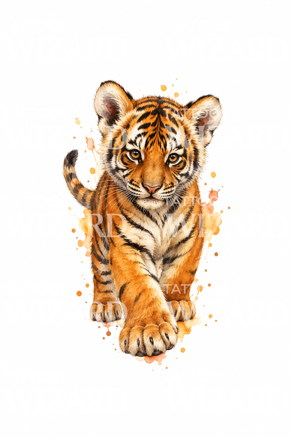 Striding Tiger Cub Orange Watercolor Tattoo Idea