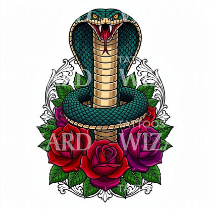 Striking Cobra Among Roses Tattoo Illustration