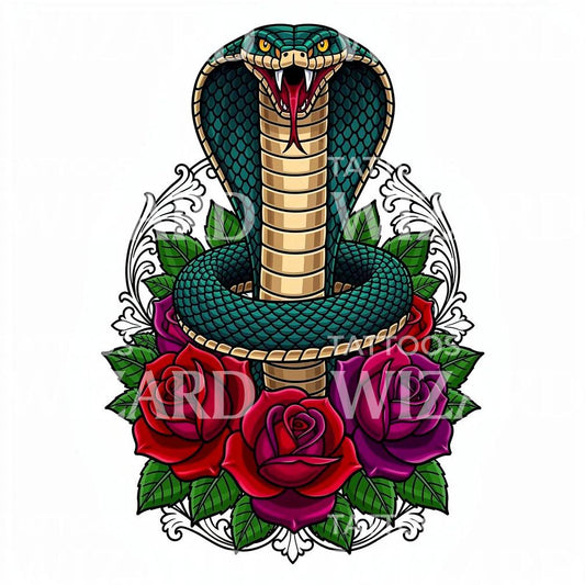 Striking Cobra Among Roses Tattoo Illustration