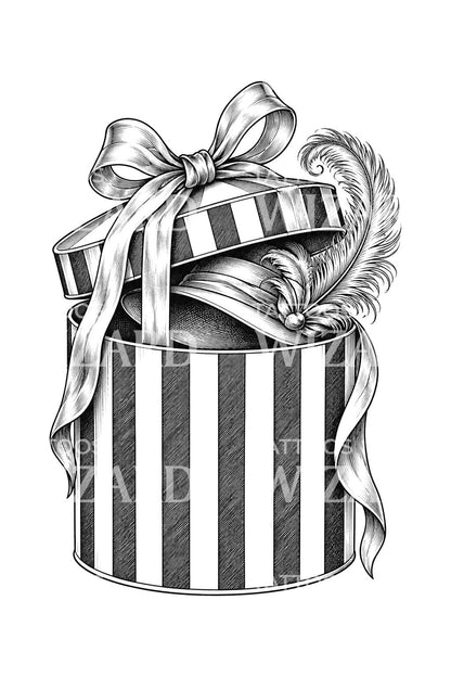 Tattoo-Illustration einer gestreiften Hutschachtel mit Schleife