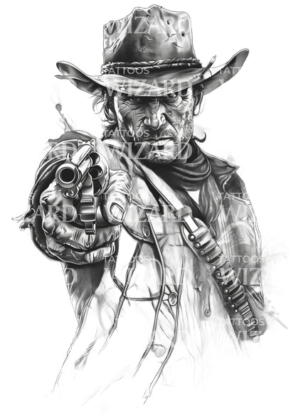Strong Cowboy Pointing Revolver Tattoo Design
