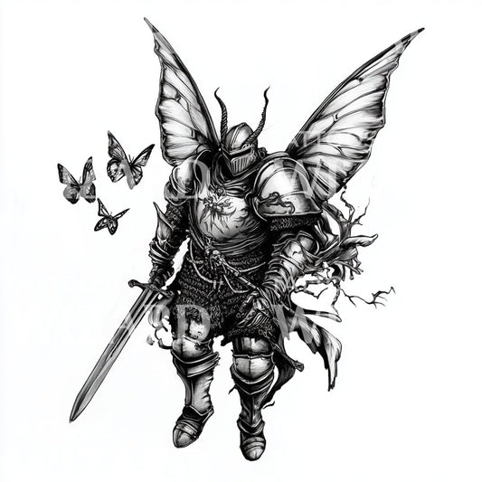 Strong Knight of Peace with Butterflies Tattoo Illustration