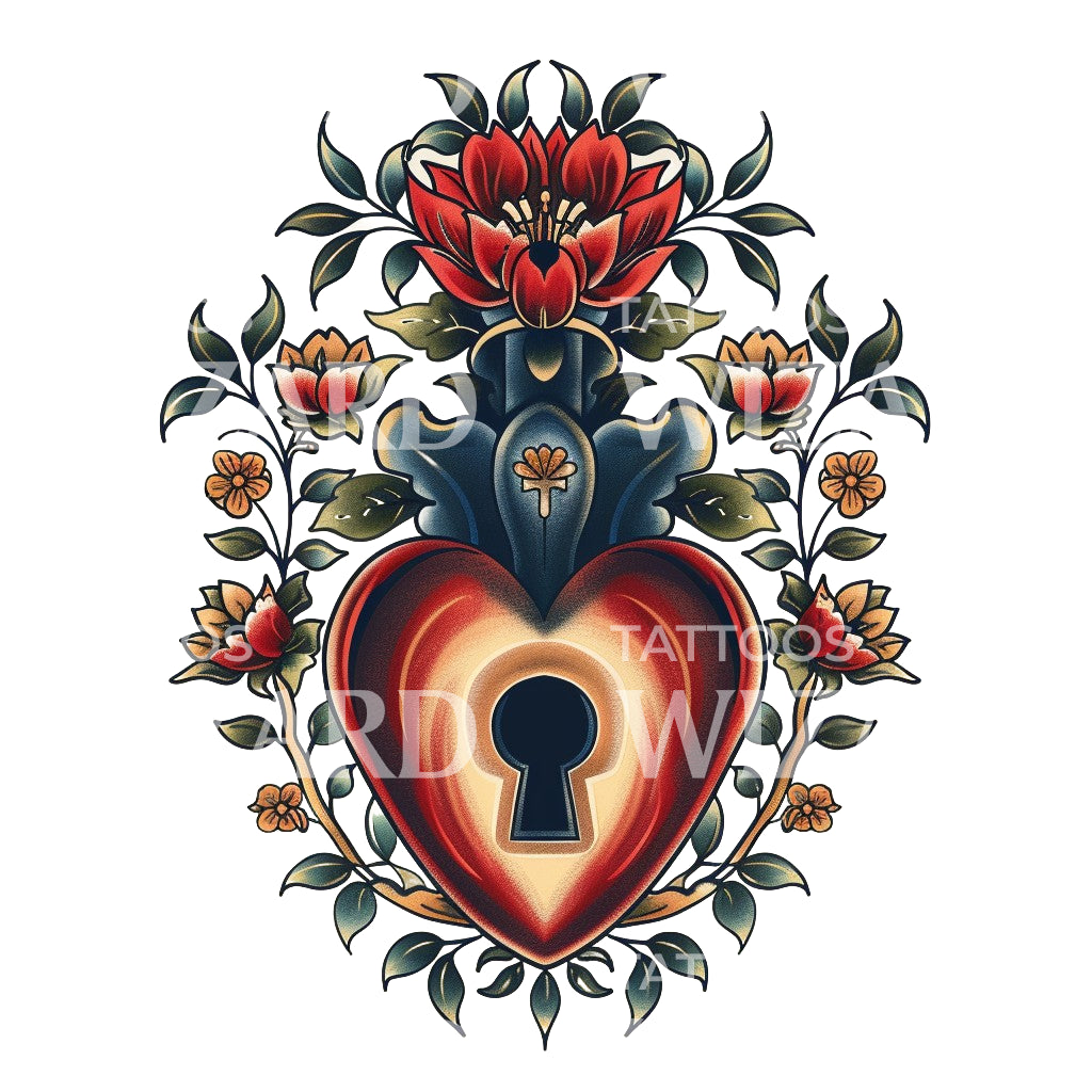 Superbe conception de tatouage de coeur floral et de trou de serrure