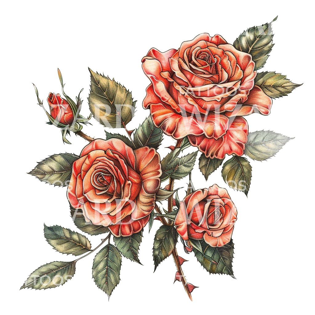 Superbe conception de tatouage de roses néotraditionnelles