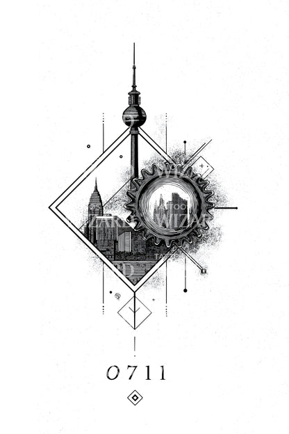Stuttgart 0711 Geometric Skyline Tattoo Design
