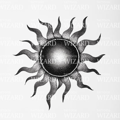 Desenho de Tatuagem de Sol Negro Estilizado com Chamas