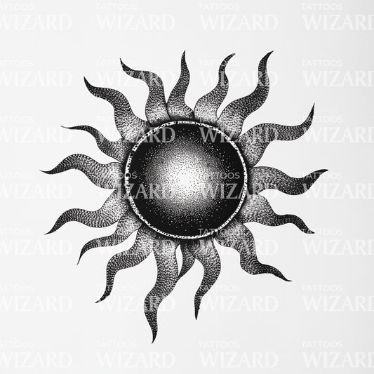 Stylized Black Sun with Flames Tattoo Design