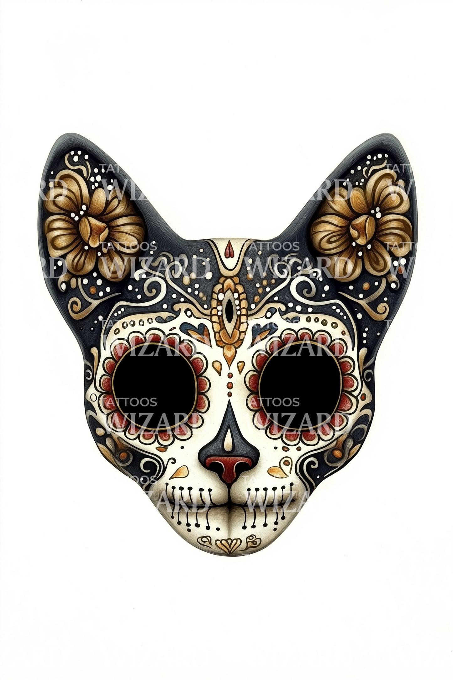 Sugar Skull Cat Mask Tattoo Design