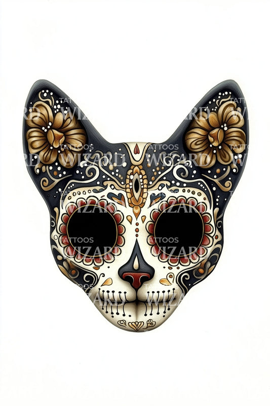 Sugar Skull Cat Mask Tattoo Design