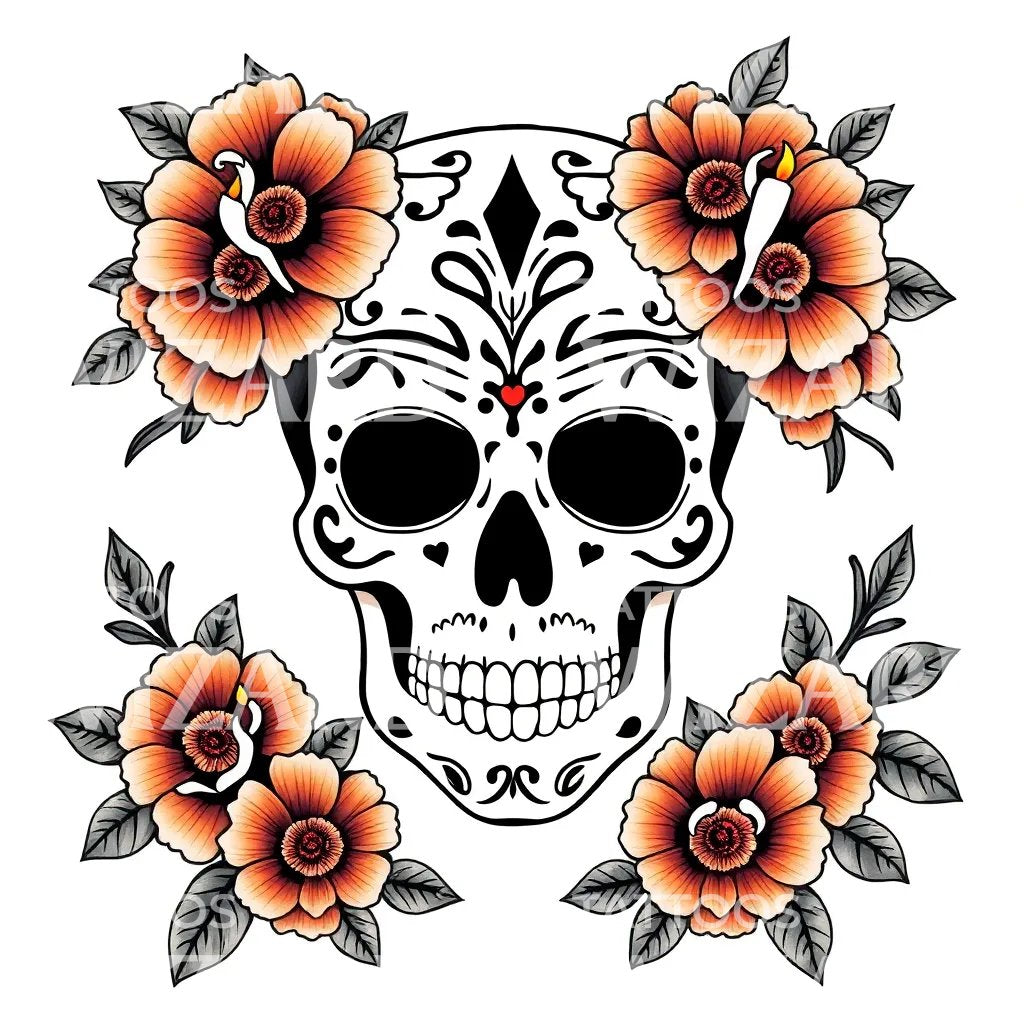 Sugar Skull Floral Tattoo Design