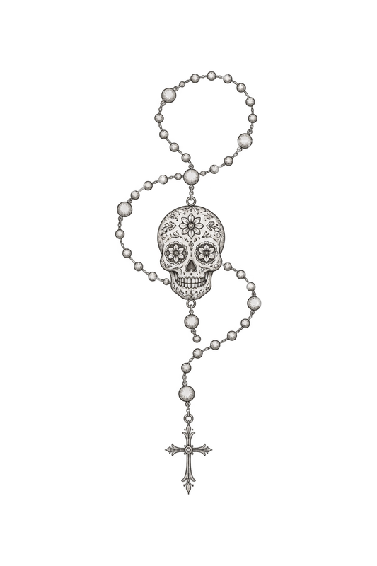 Sugar Skull Rosary Fine Line Tattoo Illustration
