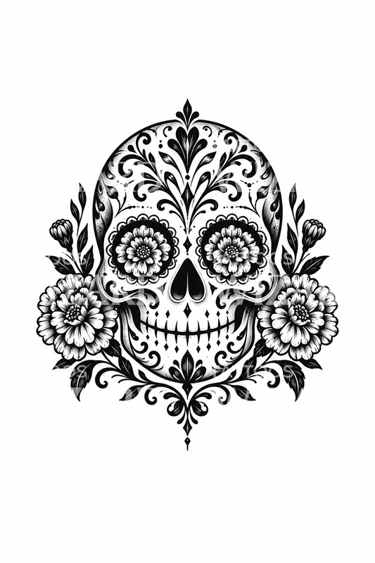 Desain Tato Blackwork Tengkorak Gula dengan Marigold