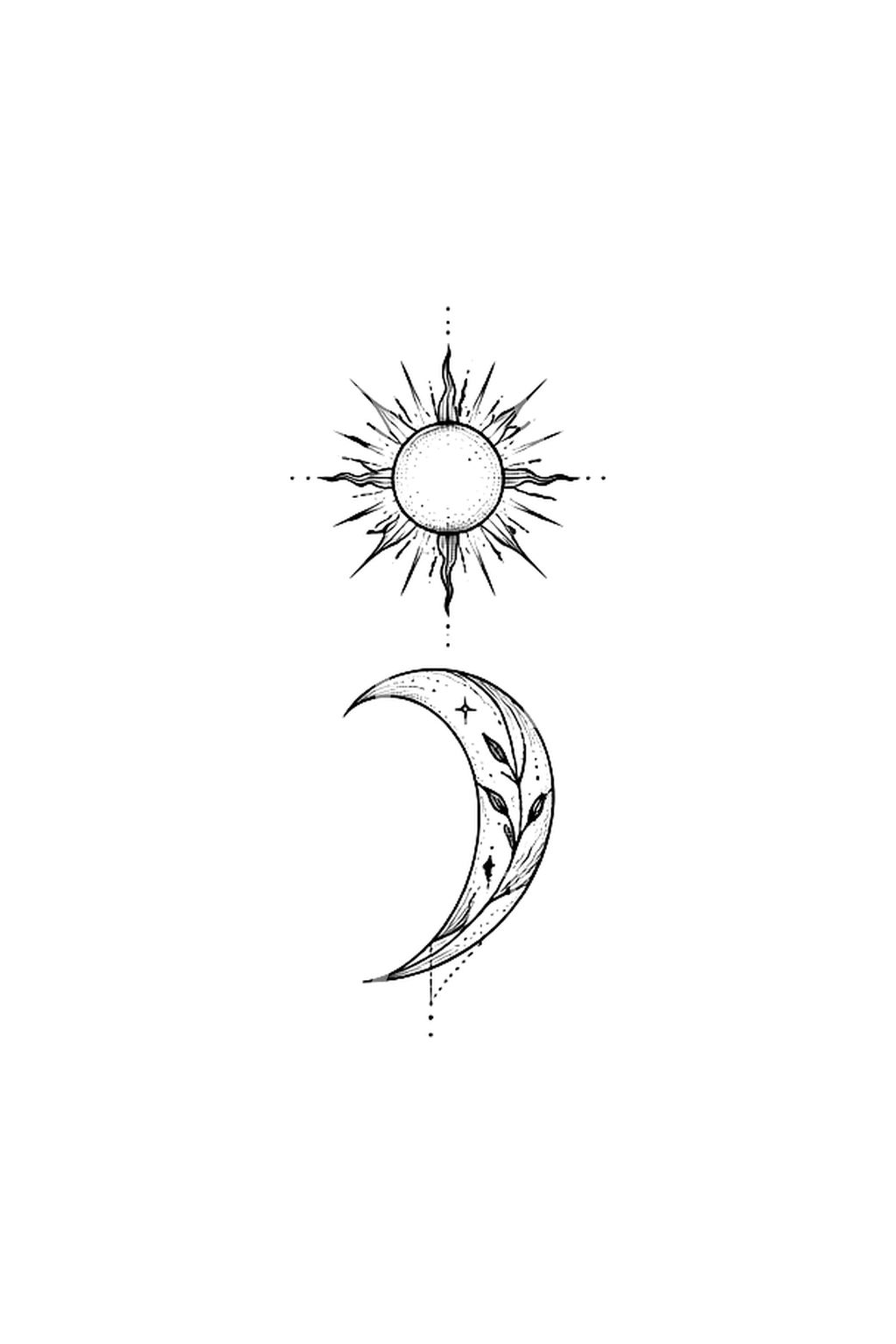 Sole e luna crescente, tatuaggio con punto e virgola fine line
