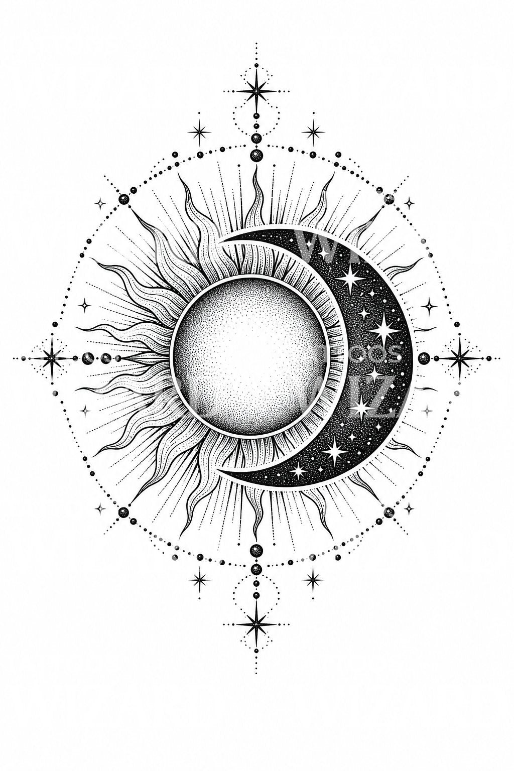 太阳与月亮天体纹身设计
