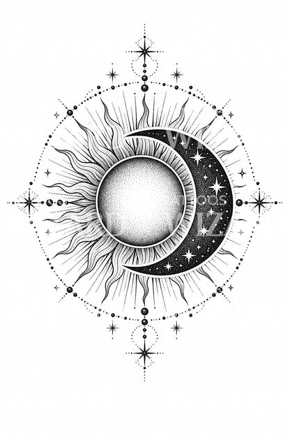 太阳与月亮天体纹身设计