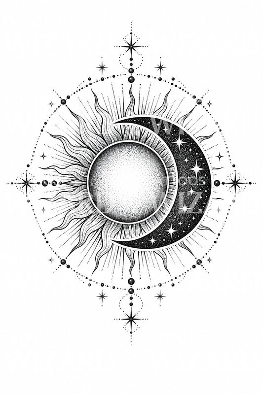 太阳与月亮天体纹身设计