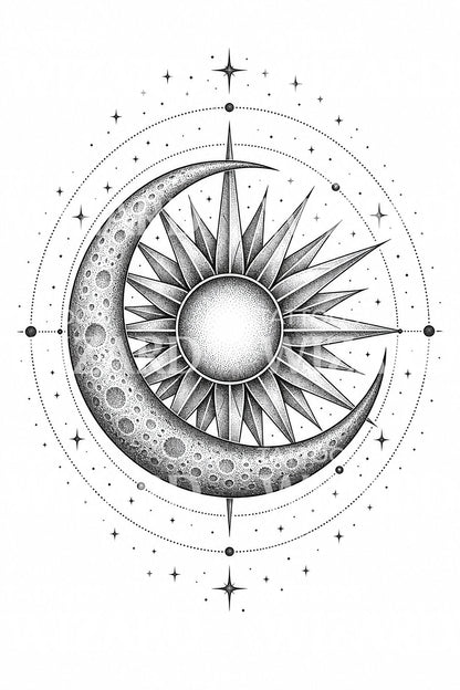 Dotwork tetování Slunce a Měsíce