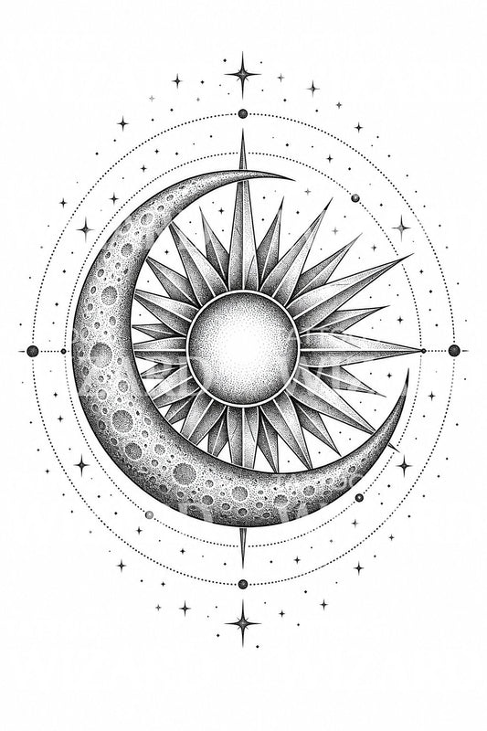 Güneş ve Ay Dotwork Dövme Tasarımı