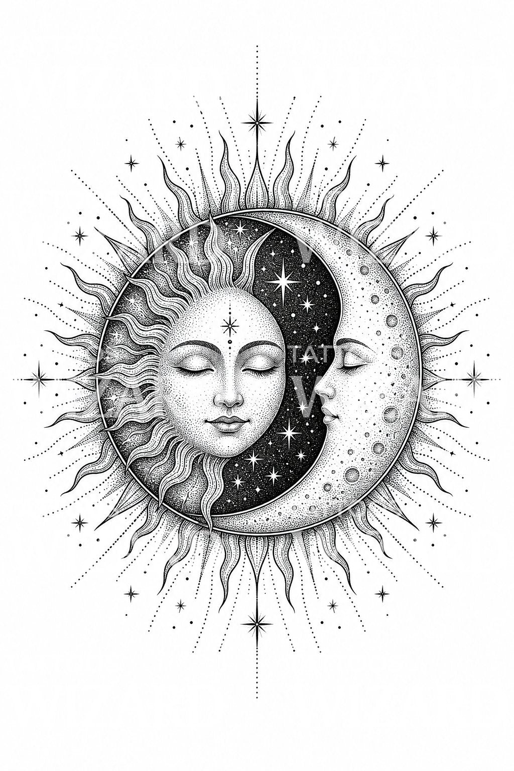 Dotwork návrh tetování Slunce a Měsíc