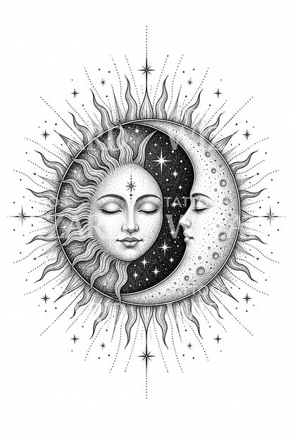 Dotwork návrh tetování Slunce a Měsíc
