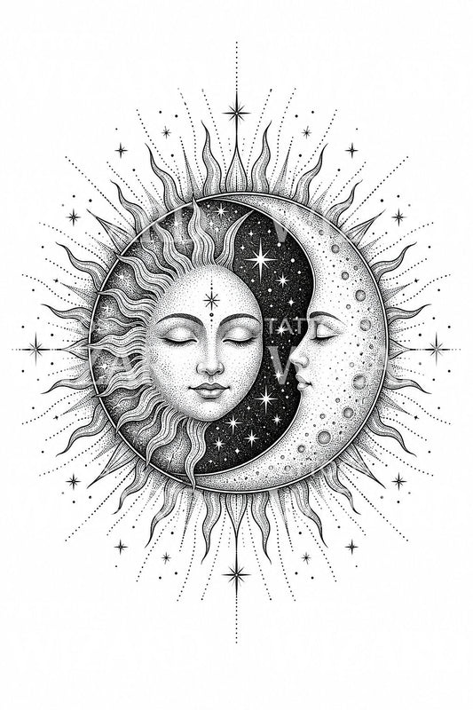 Aurinko ja kuu dotwork-tatuointimalli