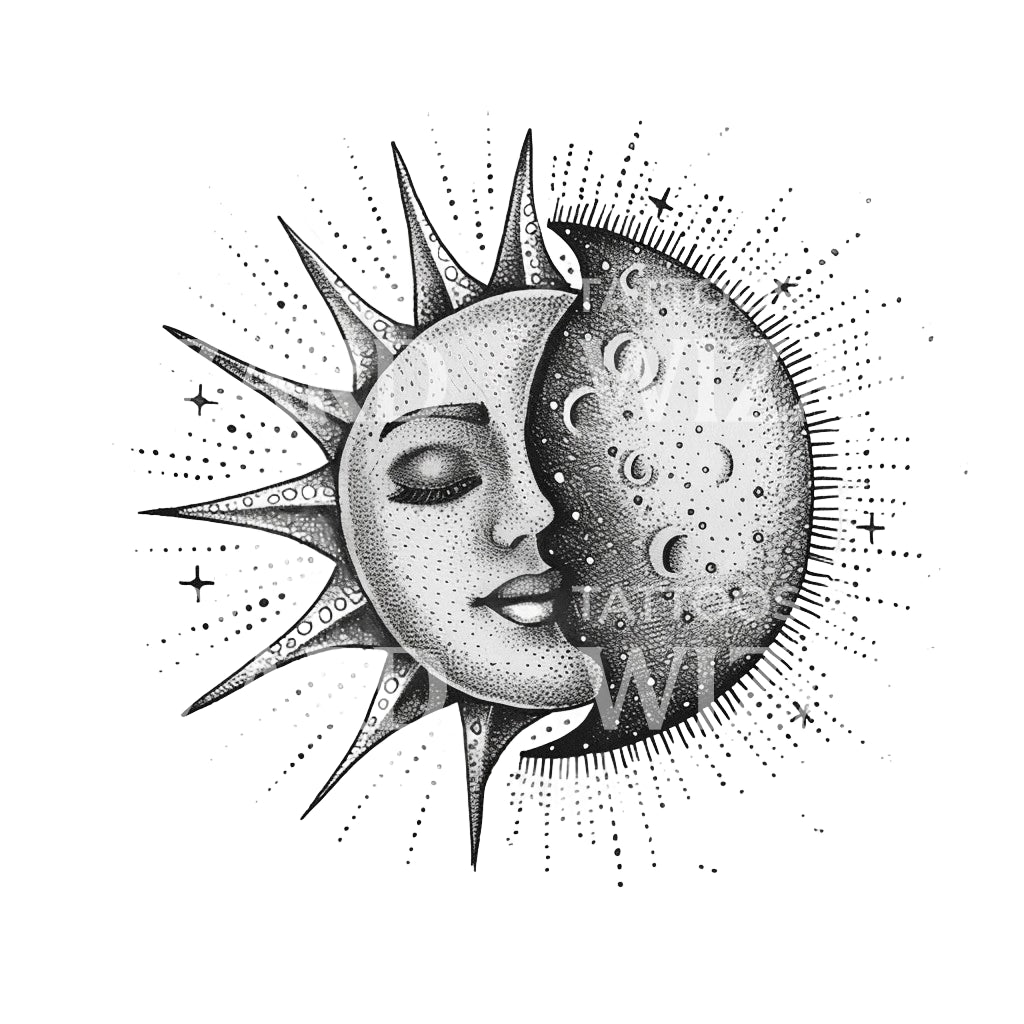 Eine Dotwork-Tattoo-Idee für Sonne und Mond
