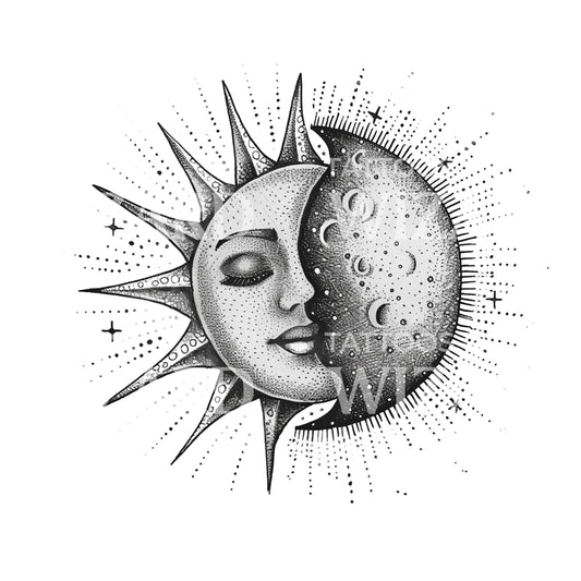 Sun & Moon Dotwork Tattoo Idea