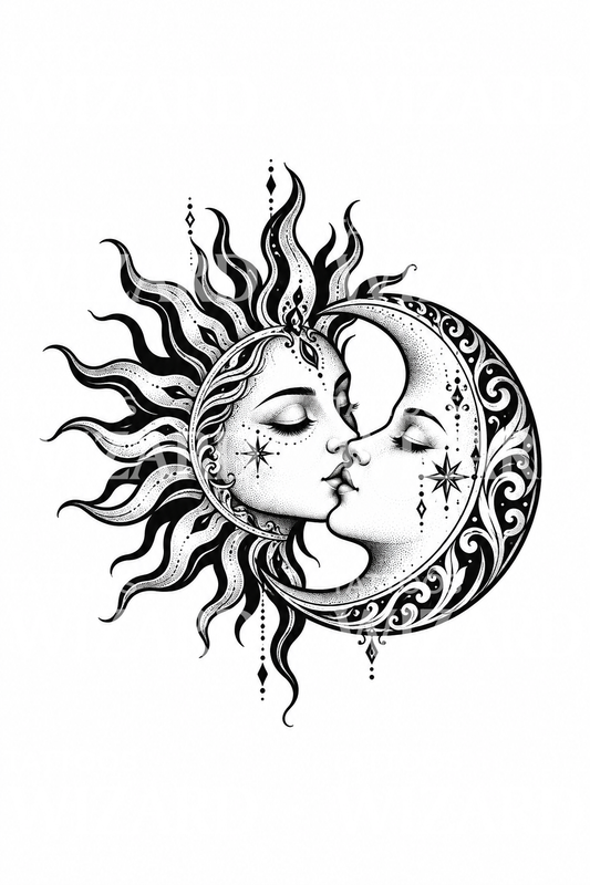 太陽と月がキスするブラックワークタトゥーデザイン