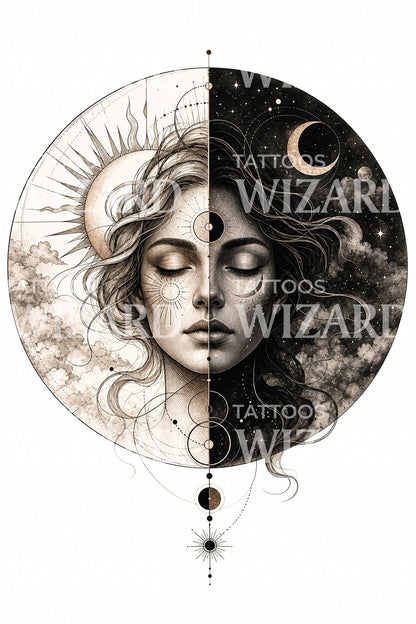 Sun and Moon Portrait Tattoo Illustration